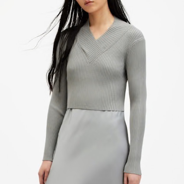 All Saints Grey Ribbed V-Neck Sweater